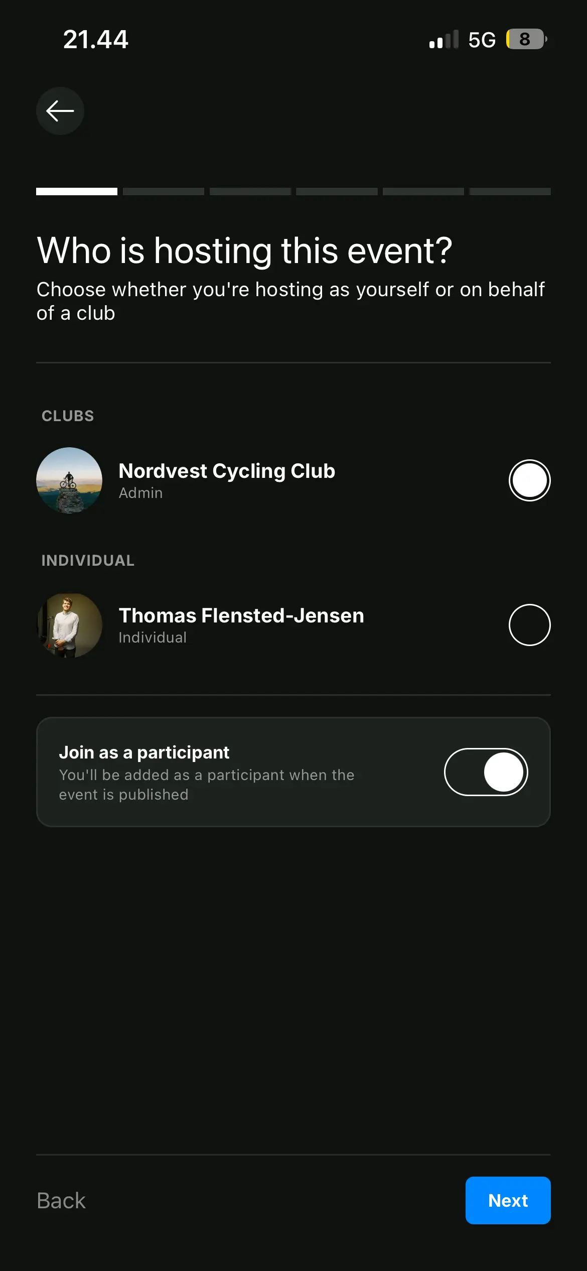 The host step of the event form, with a club chosen and the join as a participant switch on