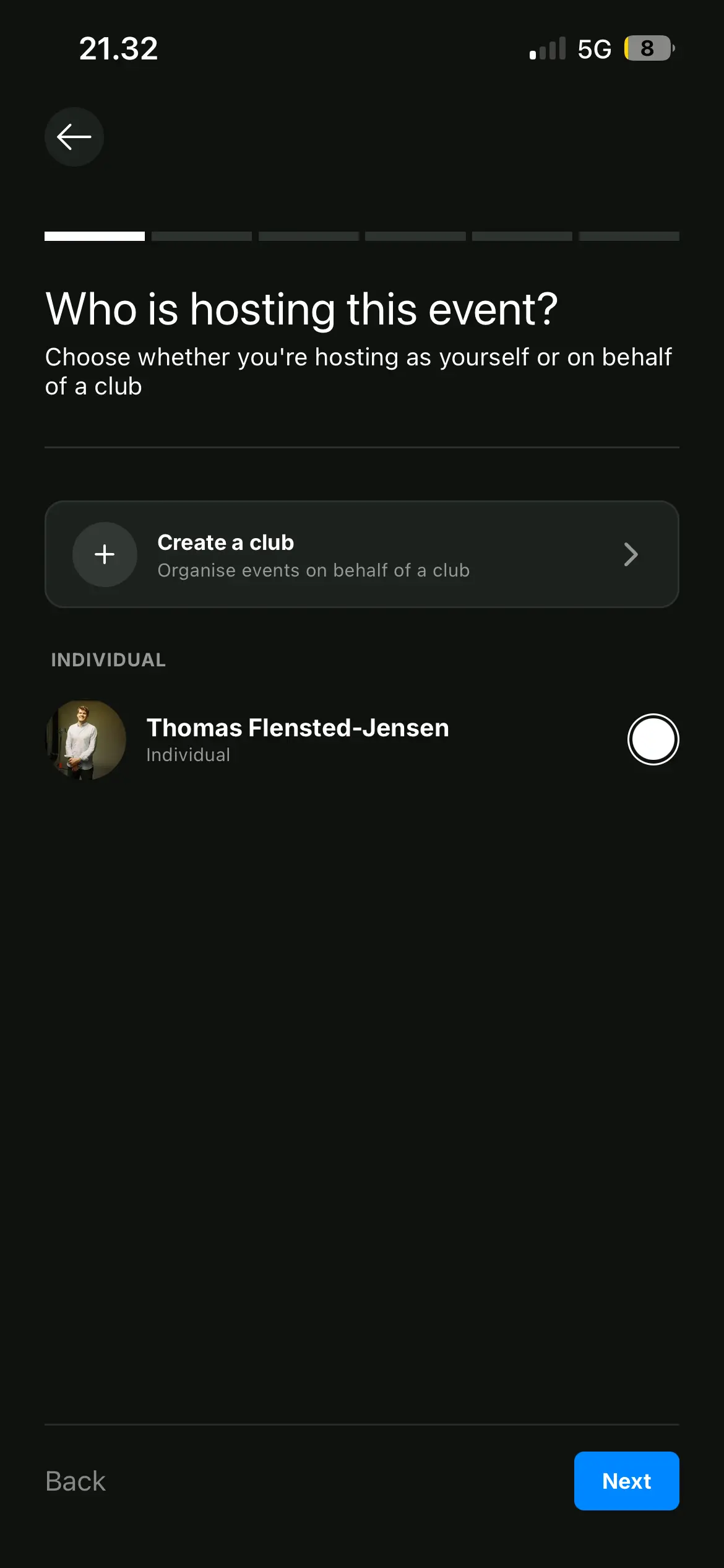 The host step of the event form, with the button that creates a club