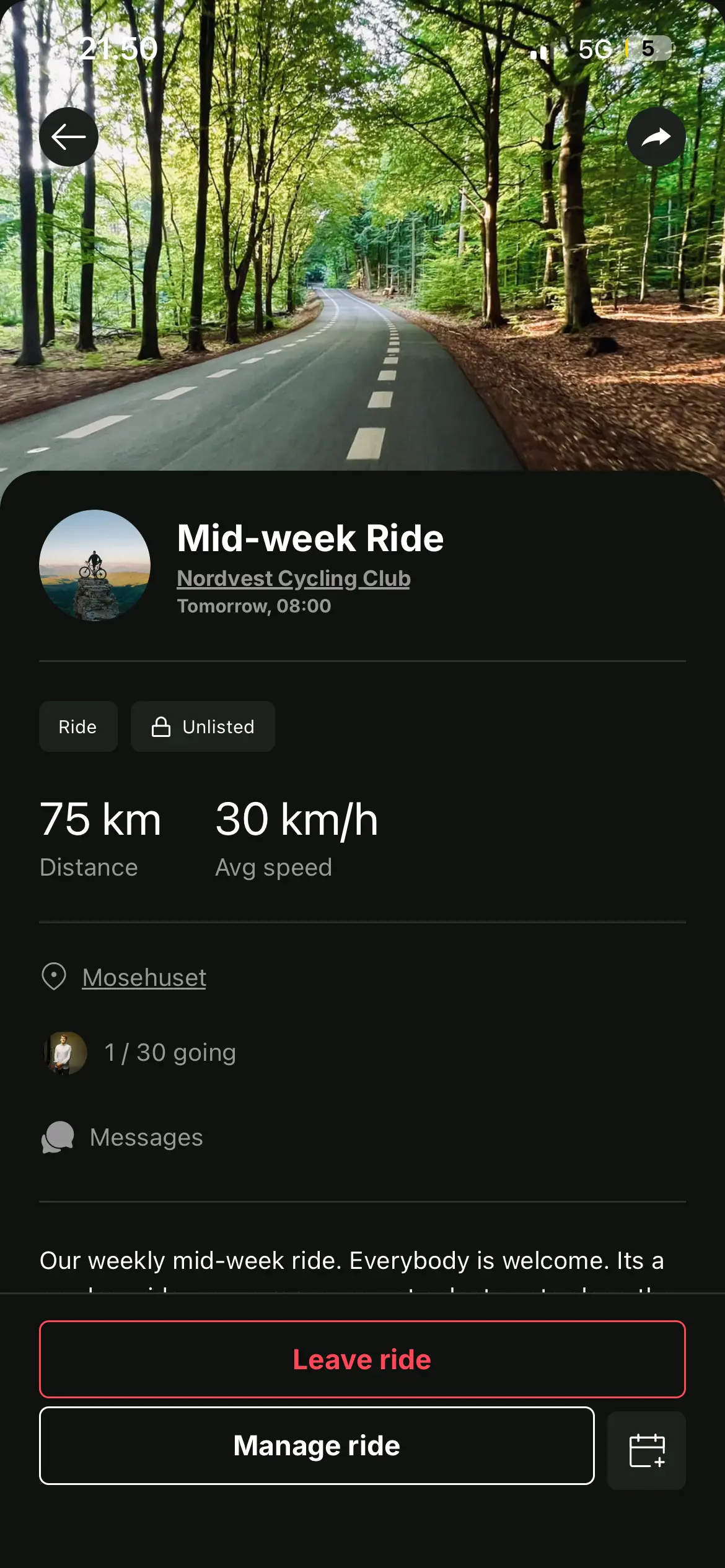A club ride on its event page, with the share button in the top right corner