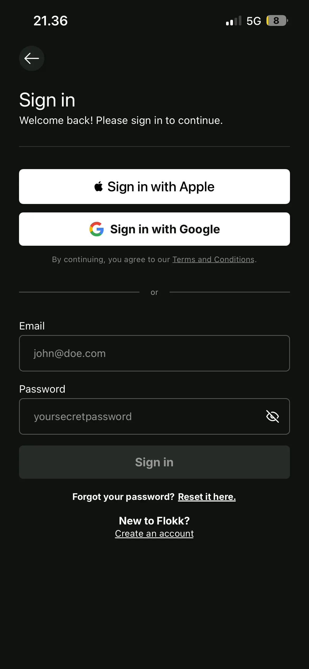 The Flokk sign in screen, with buttons for Apple, Google and email, and a link to create an account